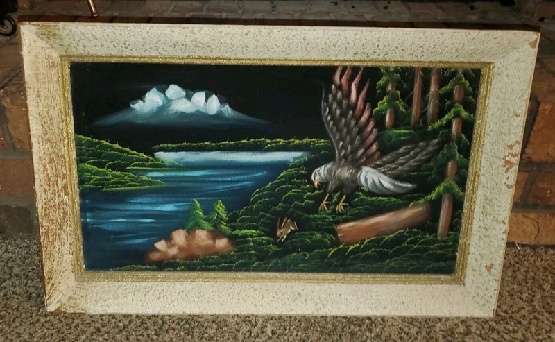 Vintage BLACK VELVET Painting EAGLE, Bunny, Mountain Scene~ WOOD Frame~23″x14″!