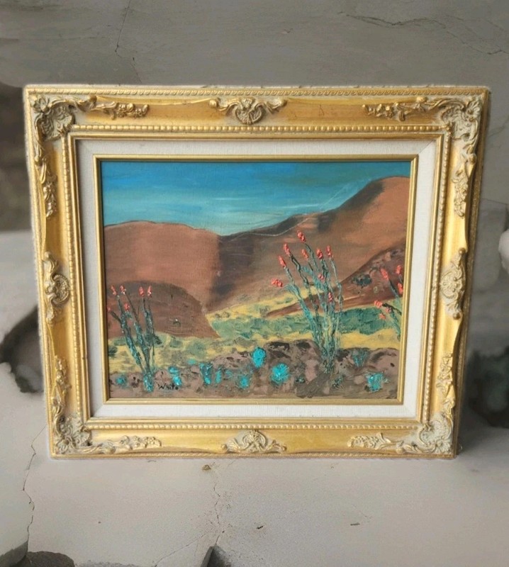ORIGINAL LANDSCAPE DESERT CALIF. ON CANVAS BOARD W/ GOLD ORNATE WOOD FRAME