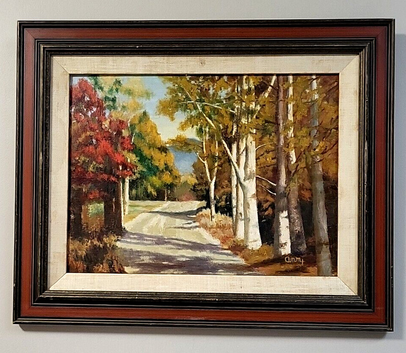 Vintage Oil on Board Painting of a Tree Lined Country Road Signed Anny in LR