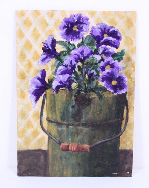 Jean Cook Signed 7×5 Acrylic Bucket of Flowers Painting on Board