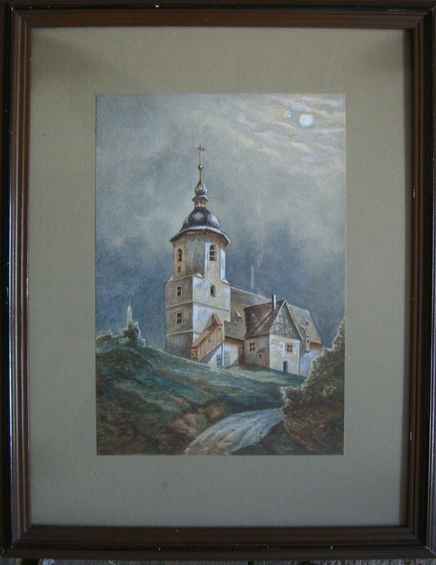 Moon & Church in Neuberg Watercolor Signed Antique Alps Who Can Read It?