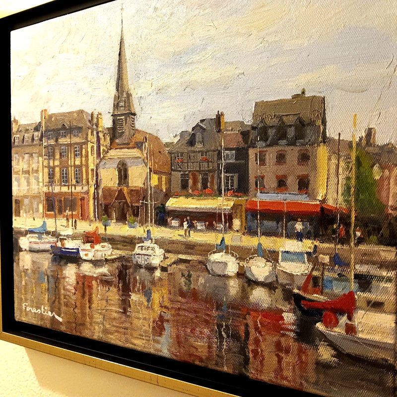 "HARBOR AT HONFLEUR, NORMANDY, FRANCE" Framed Oil Painting on Canvas. signed gallery