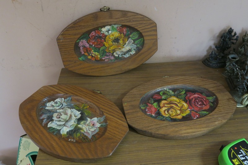 Set of 3 Vintage Antique Oval Flowers Roses Oil Painting on Oak Wood 8″ x 12″