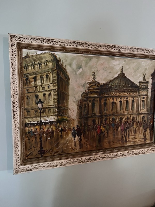 Vintage Paris Street Scene Oil Moody Architecture Painting Signed Framed 41x28 gallery