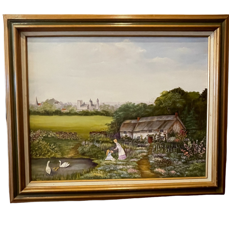 Artist Signed Original Oil on Canvas Panting Cottage Castle Landscape Swans