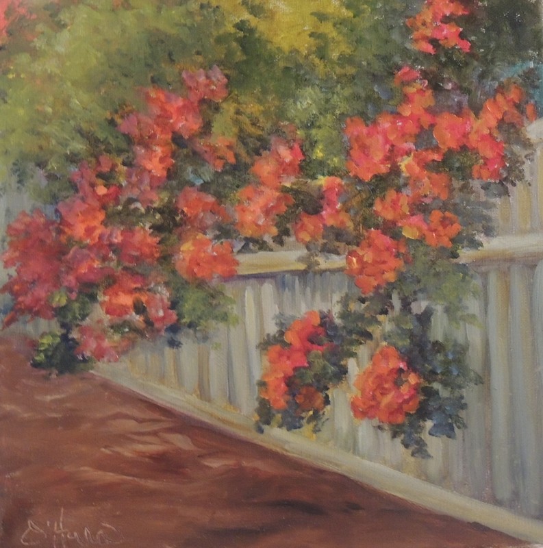 Rose garden on a white fence 8×8 print on linen card stock