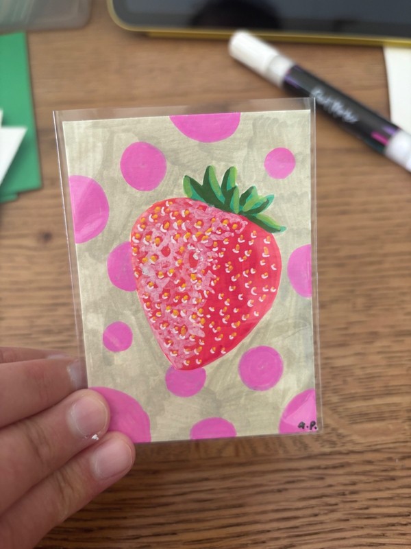 ACEO Original Art, Strawberry, Acrylic Marker Painting