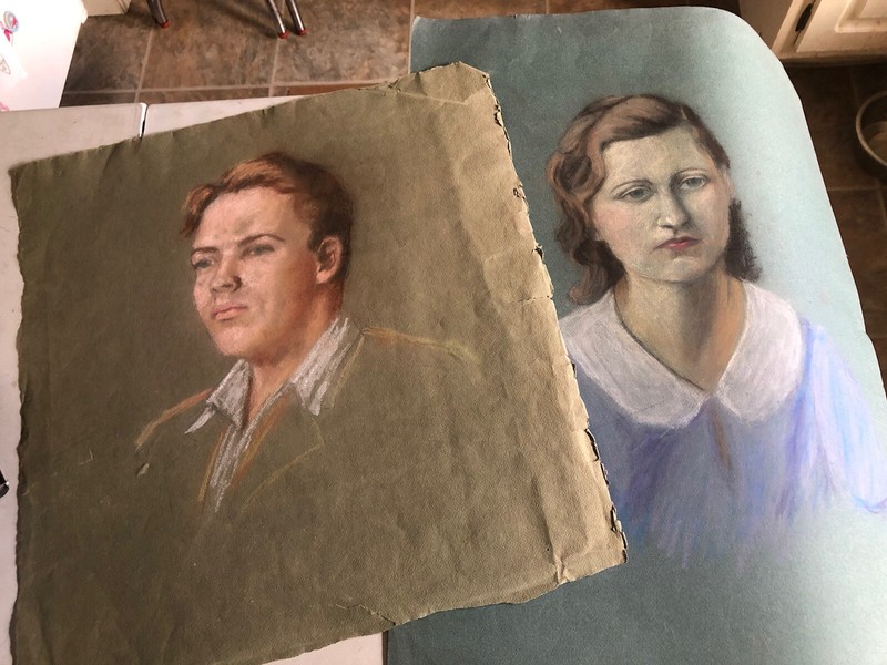 2 Antique 1940 Era Ruth Farrington Pastel Portraits Emile Gruppe & Self Portrait
