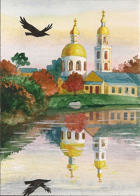 ACEO PRINT OF PAINTING RAVEN CROW RYTA RUSSIAN CHURCH LANDSCAPE FOLK AUTUMN Art