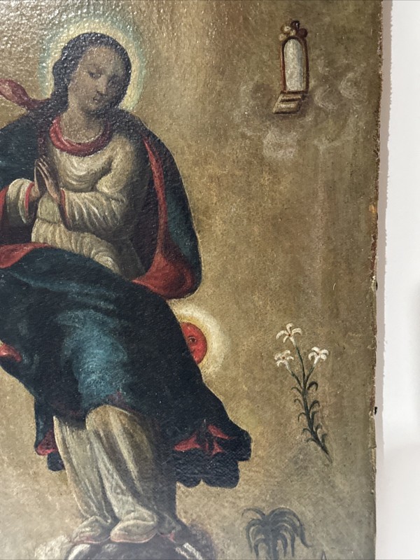 ANTIQUE MADONNA PAINTING ICON ICONIC RELIC 18TH TO 19TH CENTURY SMILING SUN OIL gallery