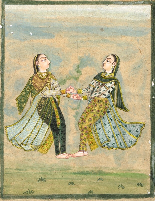 Hand-Painted Mughal Miniature – Two Women Dancing, Traditional Indian Art 5X7.5" gallery