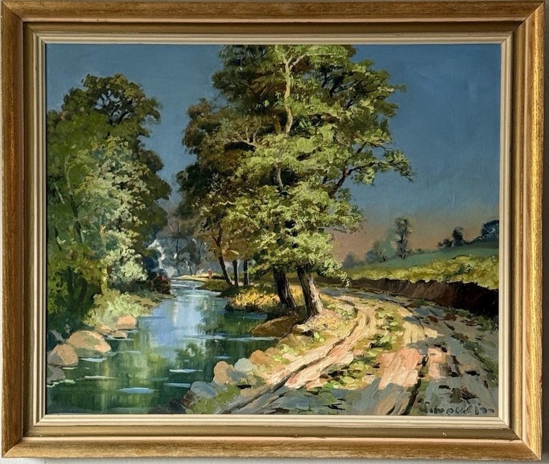 ANTIQUE PLEIN AIR LANDSCAPE OIL PAINTING VINTAGE RIVER LAKE WATER TREES 1960s