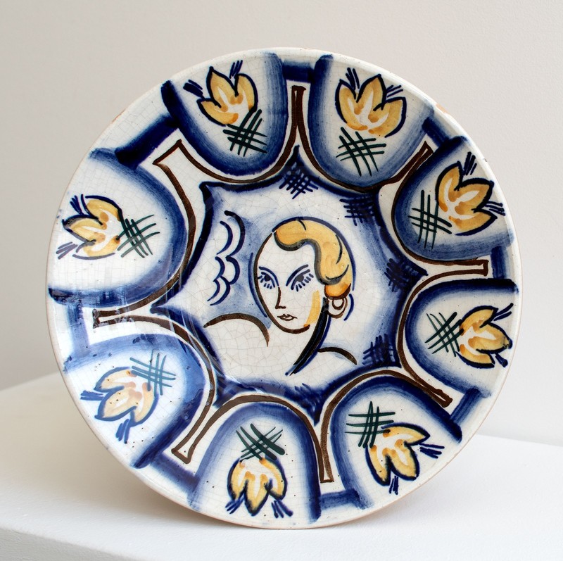 Wall Plate Ceramic Hand Painted Woman Flowers 1920s Art Deco RAKO Marked 28cm gallery