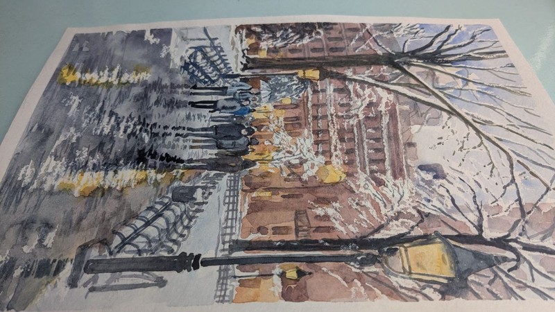 Urban Winter Evening City Watercolor Painting Snowy Road Street Lights A4 Art gallery