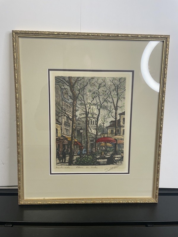 Vintage Place Du Tertre Framed Original Artwork Plaza Scene 8.5×11 Art 18×16