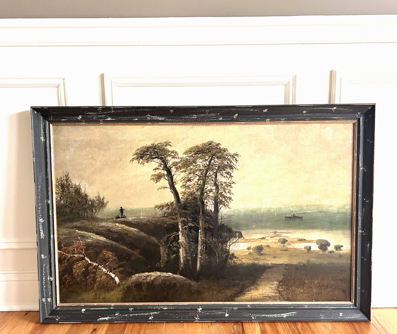 19thC Antique HUDSON RIVER SCHOOL NAIVE STYLE LANDSCAPE PAINTING FIGURE, BOAT
