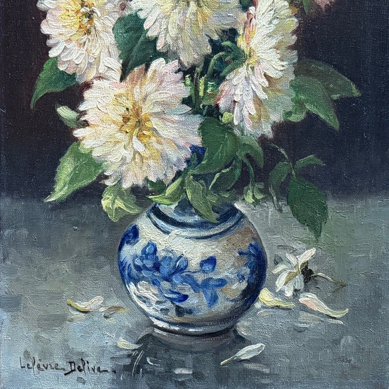 Mariette Lefèvre-Defive Vintage French Oil Painting Bouquet Flower Dahlia Signed gallery