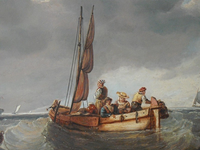 TENDER TO A T-CLASS SHIP HEAVY SEAS OI L PAINTING JAMES WILSON CARMICHAEL c1830s gallery