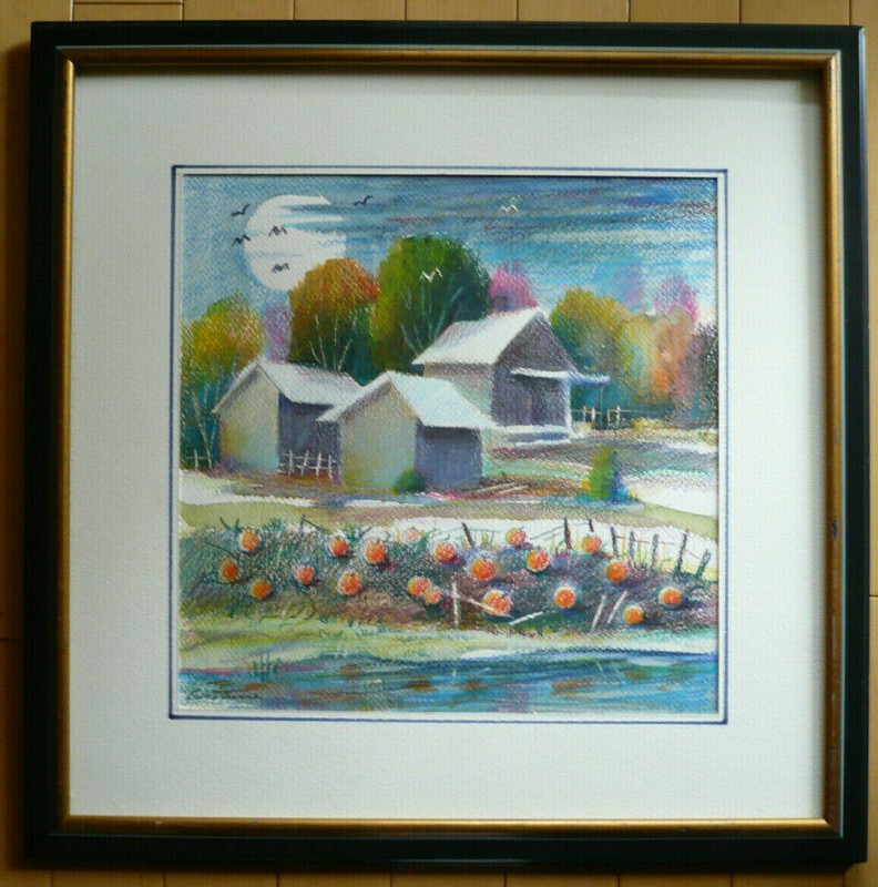 GENE TURNER, MIXED MEDIA FALL LANDSCAPE with PUMPKINS, MODERN MODERNISM COLORFUL