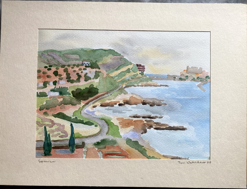 ::WATERCOLOUR SIGNED A.W 1978 SPAIN SHOREFRONT FORTRESS MEDITERRANEAN ANTIQUE MEDITERRANEAN SEA