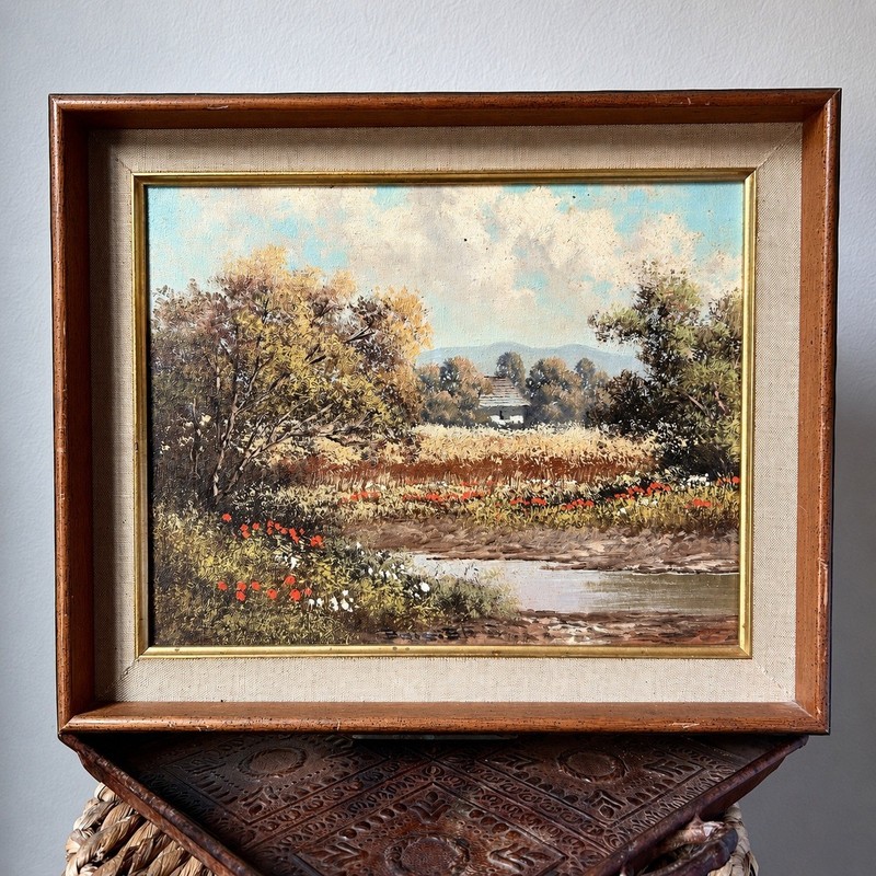 VTG 1970s Oil Painting Canvas Landscape Signed Wood Frame Linen & Gold 14.5×17.5