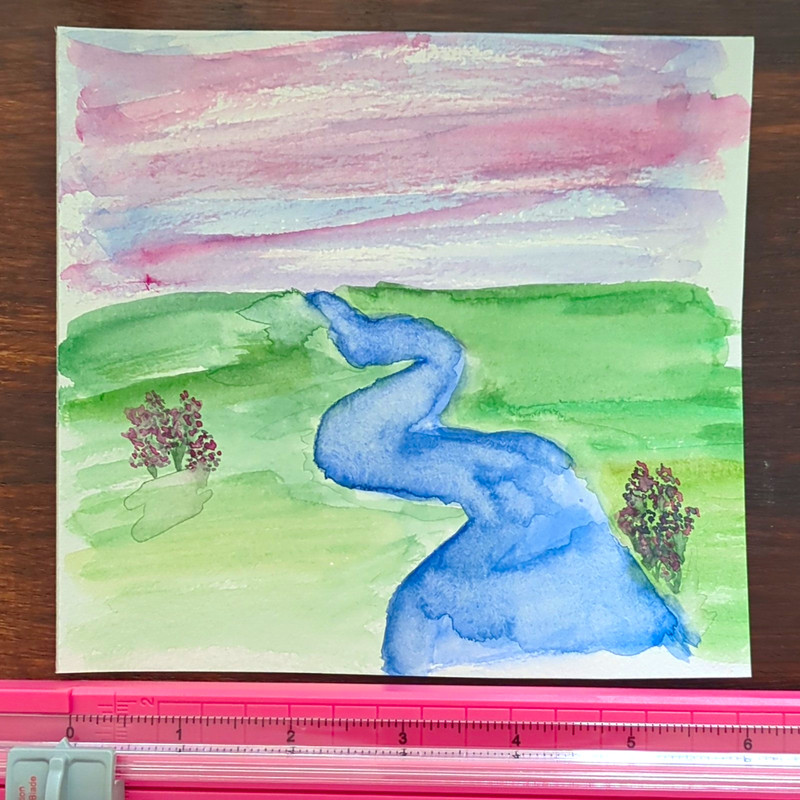 Impressionist Watercolor Landscape River & Hills on Paper, Small Unframed