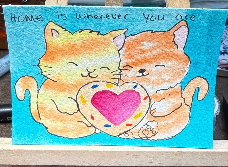 ACEO Handmade Original OOAK Signed (Not a Print) «Home Is» Cats and Heart