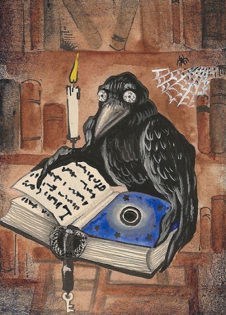 ACEO RAVEN CROW RYTA PRINT OF PAINTING BOOK WICCA BOOK Clock Halloween Folk Art