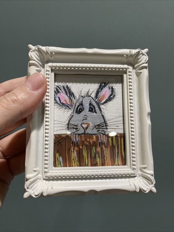 Funny Mouse,Original Painting On Paper,3/4,framed,miniature,small,mini gallery