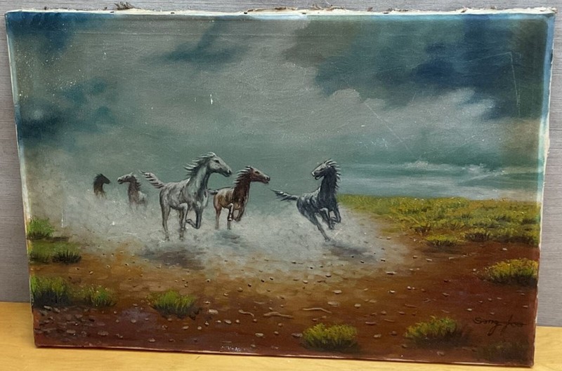 Vintage Wild Mustangs Stampede Oil on Canvas Signed Song Foo