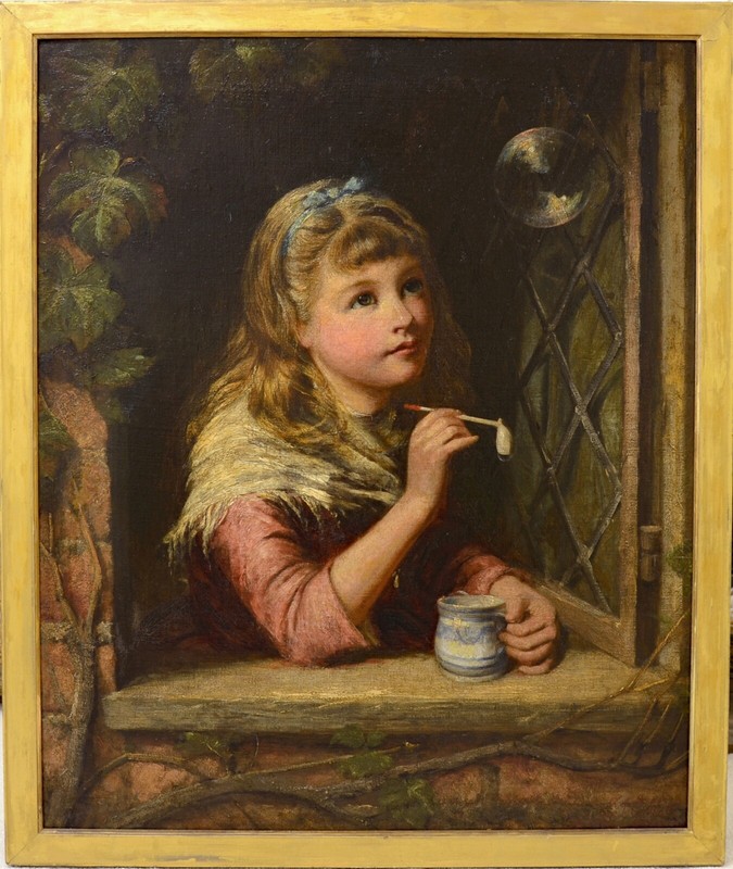 Antique 19th Century Portrait Of A Girl Blowing Bubbles Oil Painting COBBETT