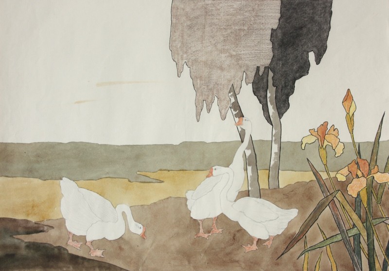 Geese and Irises, Watercolour, Japonism, Kacho-ga, Art Nouveau, France c1900 gallery