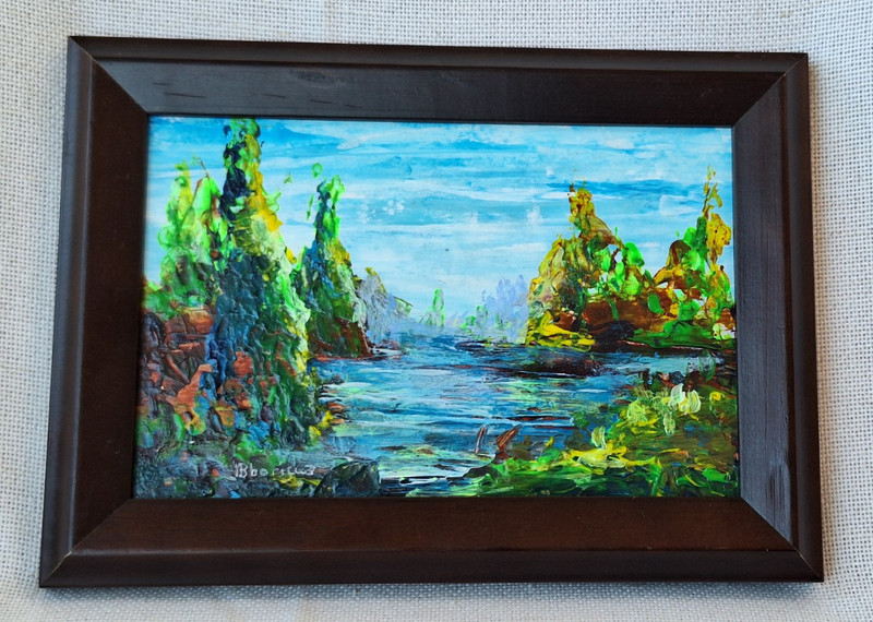 Painting Landscape Original Acrylic Wood Frame Wall Art 5x7 inch Signed gallery