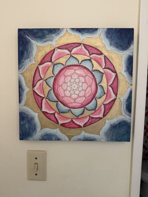 Hand-Painted Mandala Canvas Art – Pink & Blue Lotus – Spiritual Decor – 14×14