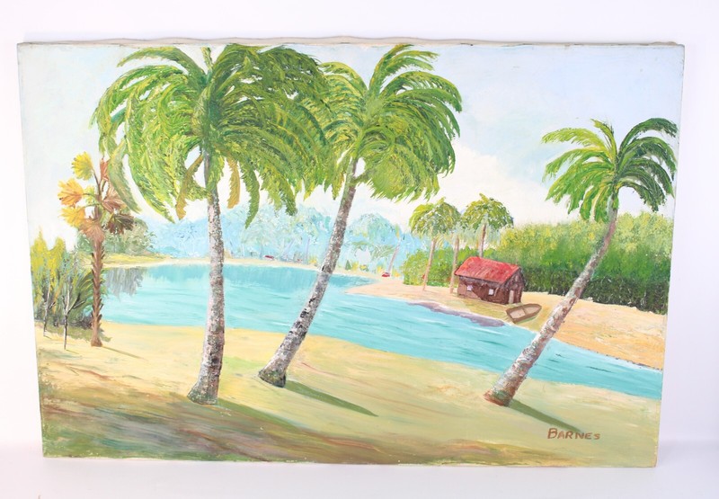 Vintage Caribbean Palm Trees Landscape Oil Painting Signed Barnes