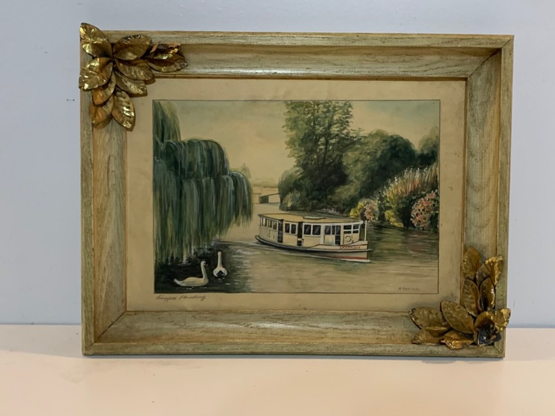Vtg Possibly Antique Framed Painting Ammeasbek Boat in Lake by E. Hammann