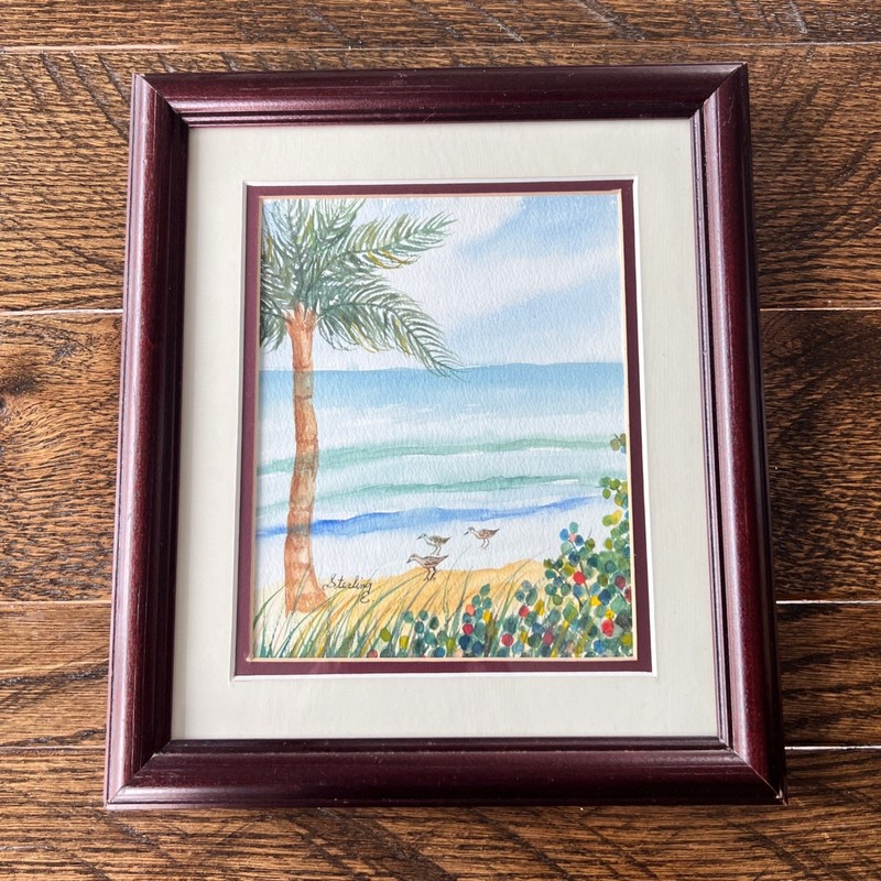 Edna Sterling Signed Original Watercolor Painting Beach Palm Tree Framed Art