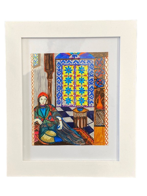 #5886 circa1999 Acrylic Orientalist Painting on Paper Framed 12″ by 10″ By YJR