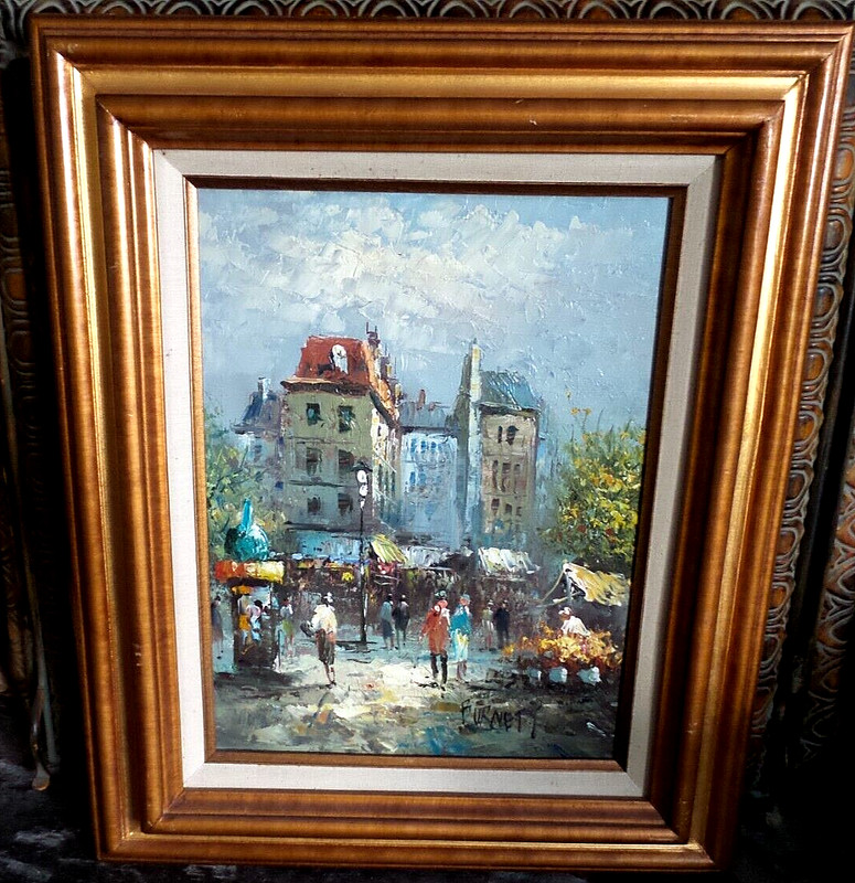 VINTAGE OIL PAINTING FRAMED «FRENCH MARKET PLACE» SIGNED BURNETT