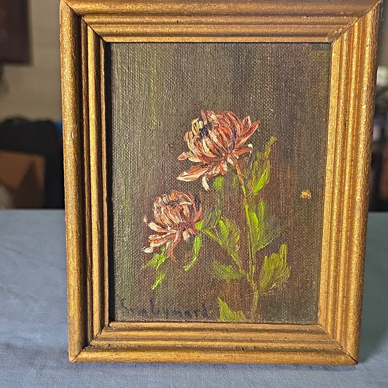 Two Mums Sr. Mary Eymard Original Signed Framed Canvas Floral Still Life 5×6