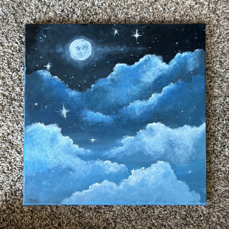 «Night Sky» Original Signed Canvas Painting Moon Stars Unframed 2021 14×14 in