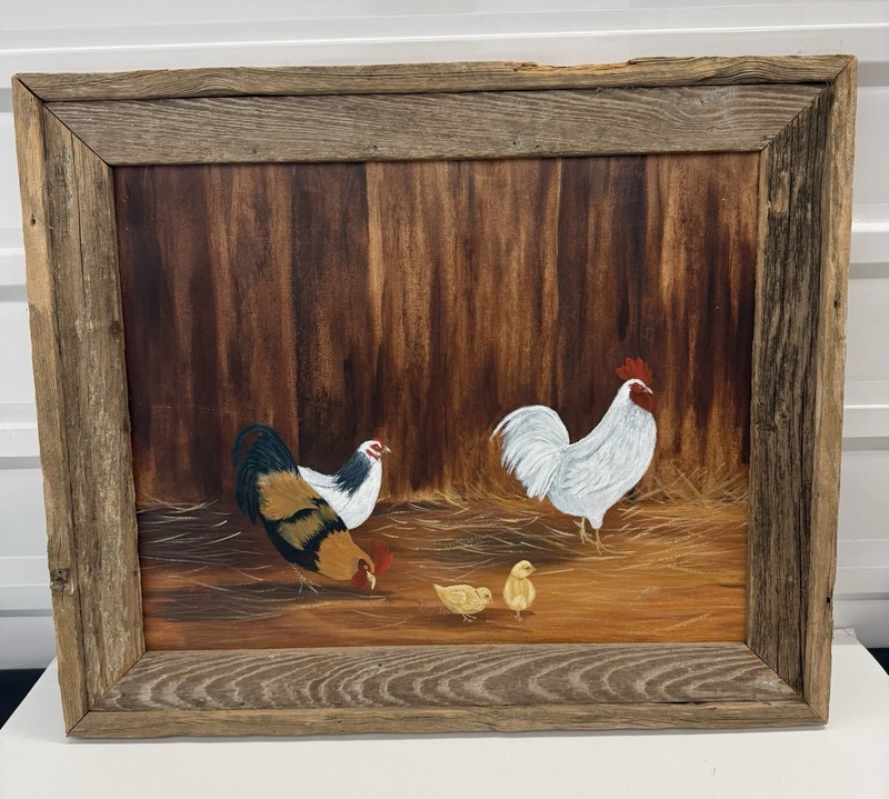 Chicken And Chicks On Canvas With Wooden Frame Picture Hand Painted