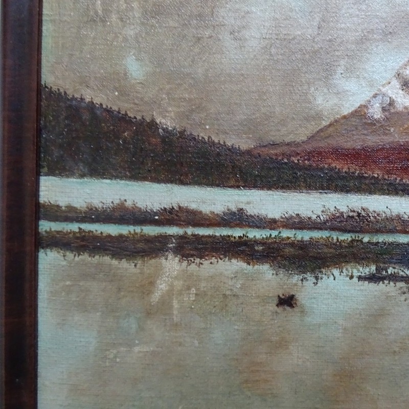 1940 Landscape Oil Painting Canadian Rockies Teepee Lake Mountains Framed 12.5x9 gallery