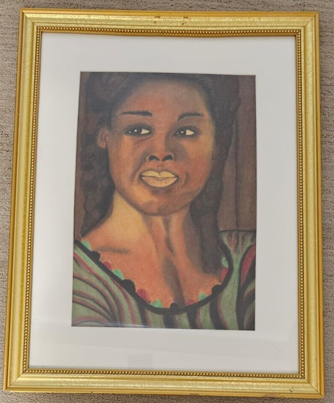 Vintage MCM Original Chalk Art Drawing African American Woman Portrait 24"x 18" gallery