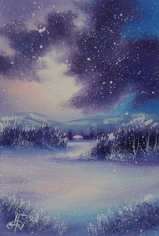 Original Winter Evening Oil Painting Snowfall Landscape Cabin Ukrainian Artist gallery