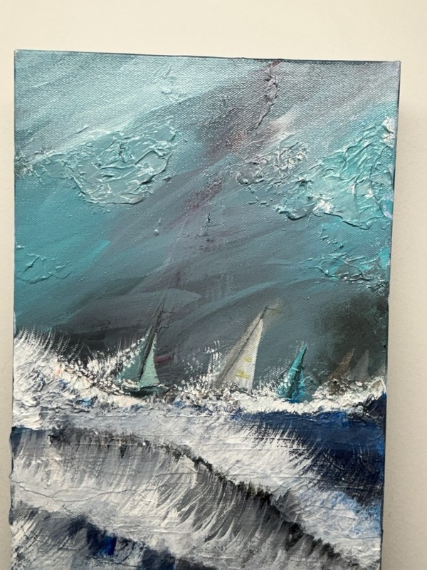 Nautical Sailboat Original Oil Painting Wax Heavy Impasto 10x20 Coastal Boat gallery