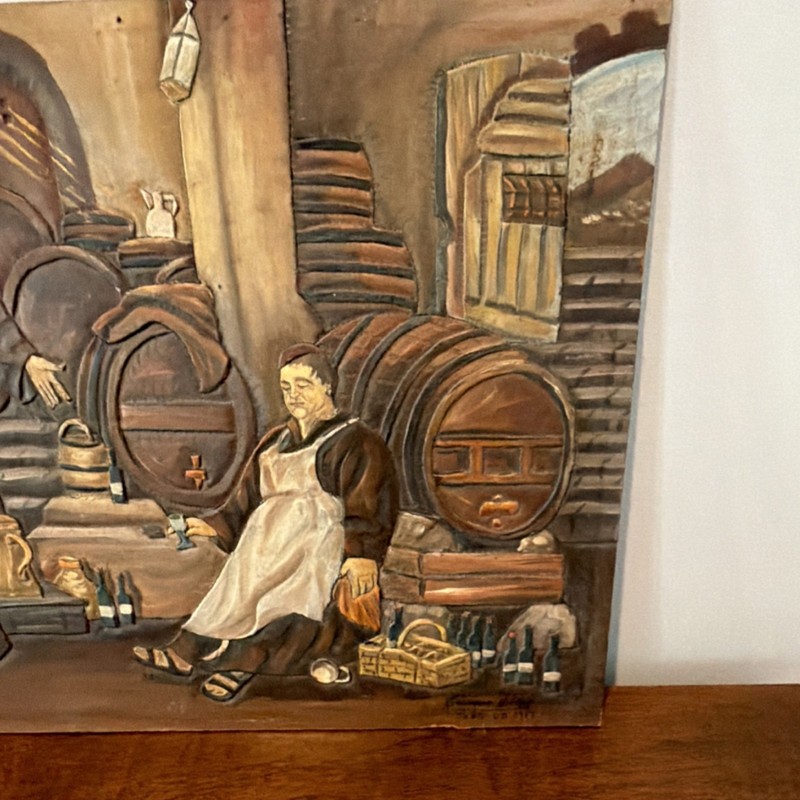 Folk Art Tavern Cellar Scene Painting People Figures Barrels Unframed gallery