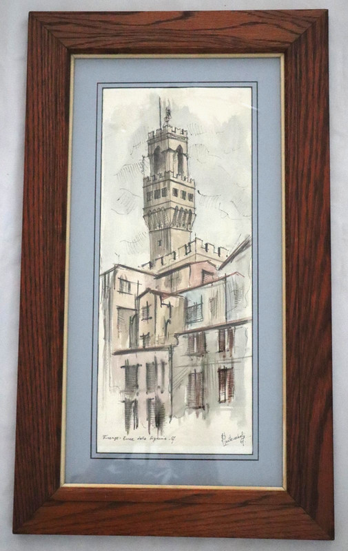 Vtg 1967 Piazza della Signoria a Firenze watercolor painting by A. Pontecorboli