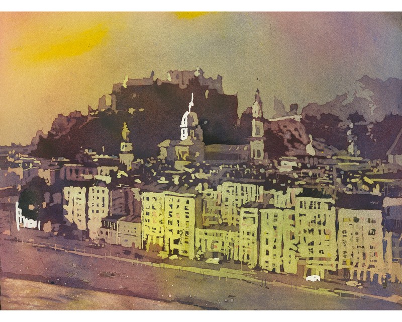 Colorful landscape painting Salzburg skyline Austria decor cityscape (original)