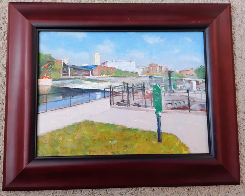 South Bend IN Cityscape Painting Downtown River View Plein Air Notre Dame 13×16